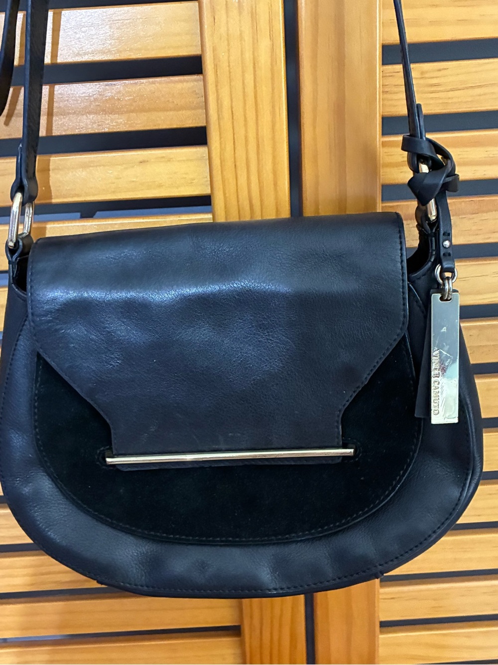 Vince Camuto Black Leather and Suede Crossbody with Metal Bar